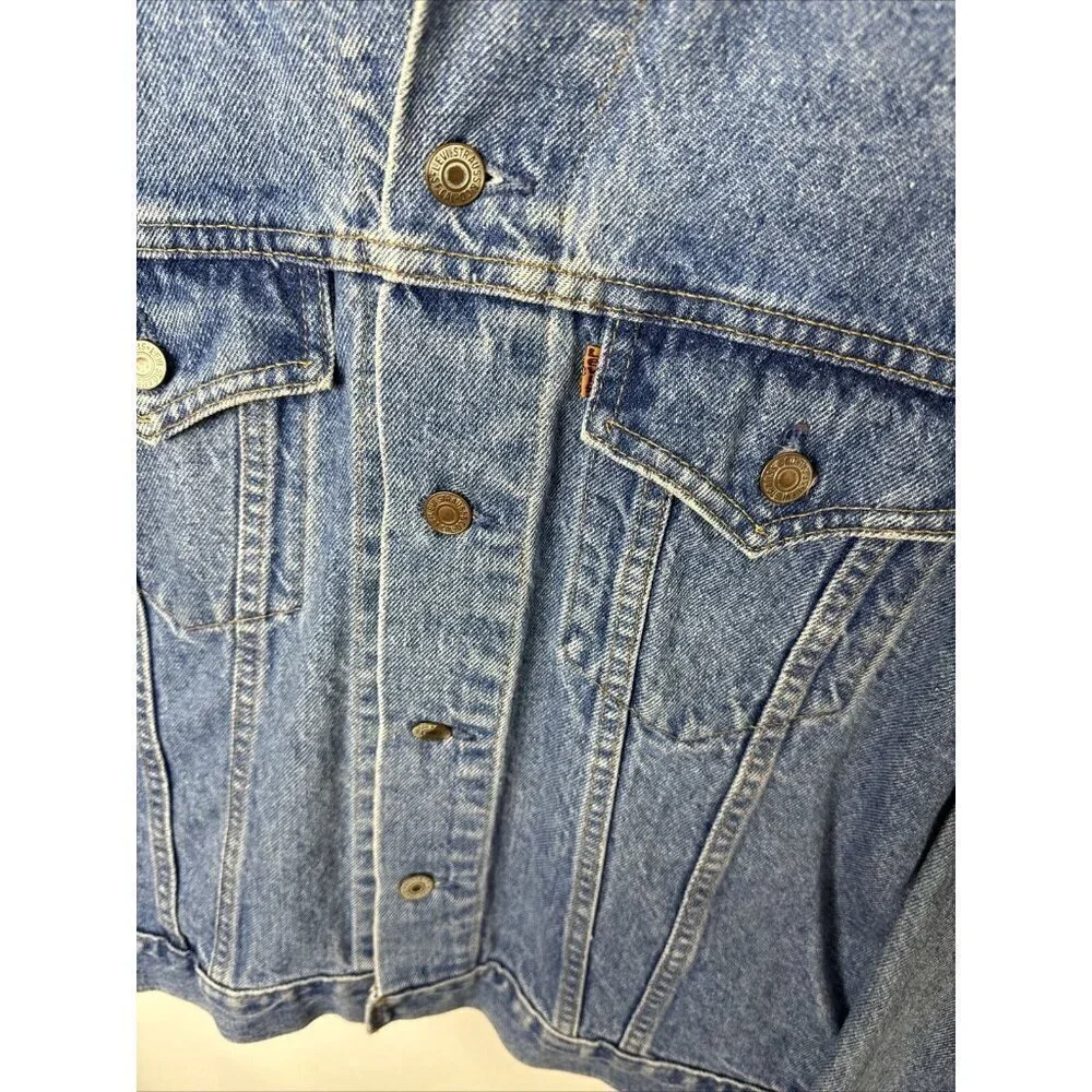 Vintage 80s Levi Men 44 Orange‎ Tab Denim Jacket Forestry Patch 75505-0212